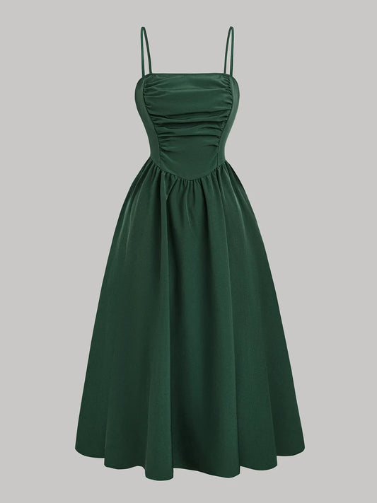 Smocked Square Neck Cami Dress Dark Green