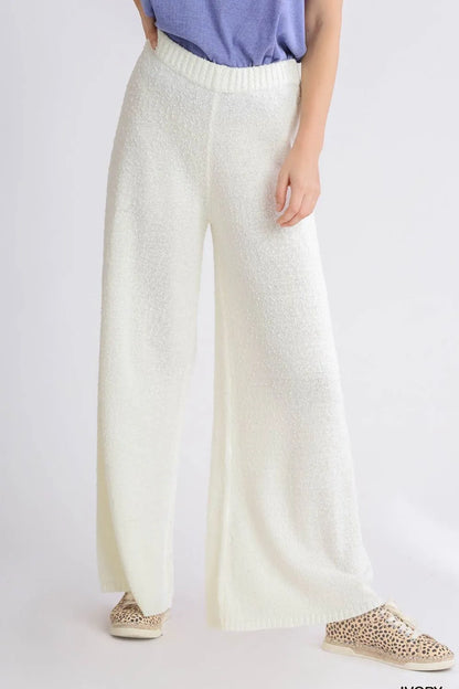 Umgee Full Size Elastic Waistband Wide Leg Sweater Pants Plus Size Ivory