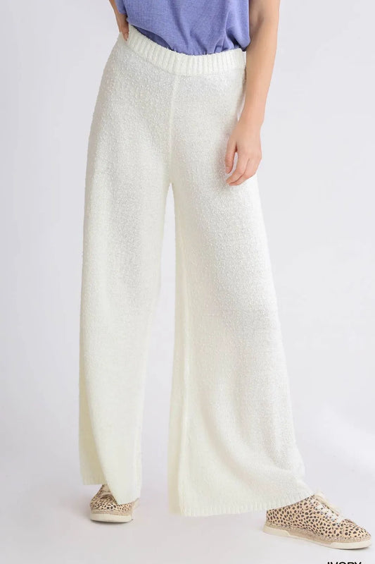 Umgee Full Size Elastic Waistband Wide Leg Sweater Pants Plus Size Ivory