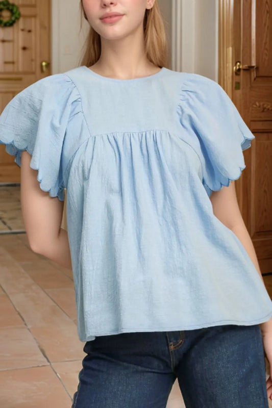 Solid Color Embroidered Scalloped Sleeves Crew Neck Blouse Light Blue