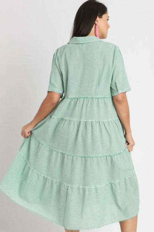 Umgee Full Size Stripe Tiered A-Line Midi Dress Plus Size