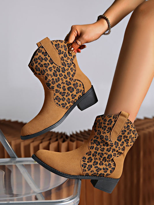 Leopard Suede Block Heel Boots Caramel