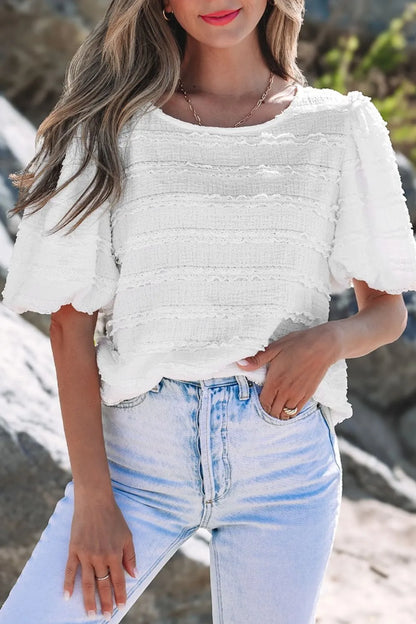 Frilled Lace Trim Bubble Sleeve Blouse White