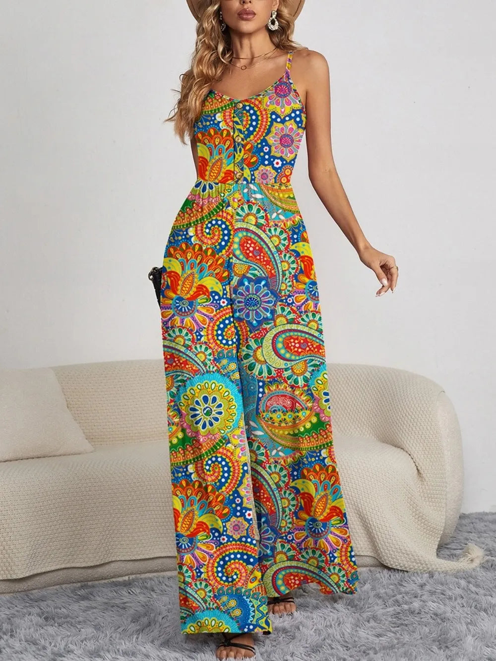 FAM-FAM Decorative Button Spaghetti Strap Wide Leg Jumpsuit Multicolor