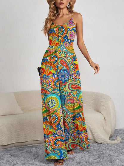 FAM-FAM Decorative Button Spaghetti Strap Wide Leg Jumpsuit Multicolor