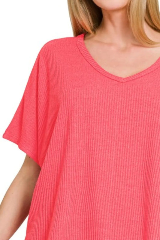Zenana Ribbed V-Neck Short-Sleeve Knit Top