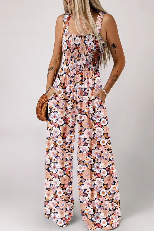 Floral Print Smocked High Waist Square Neck Jumpsuit Dusty Pink