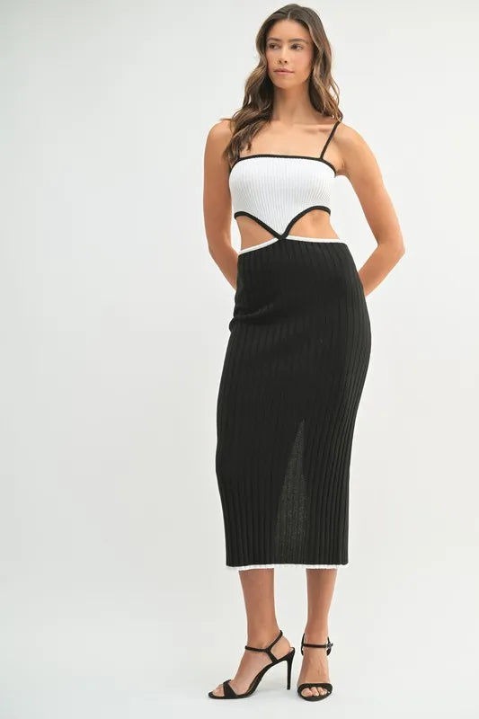 MABLE Ribbed Knit Color Block Cutout Midi Dress Black
