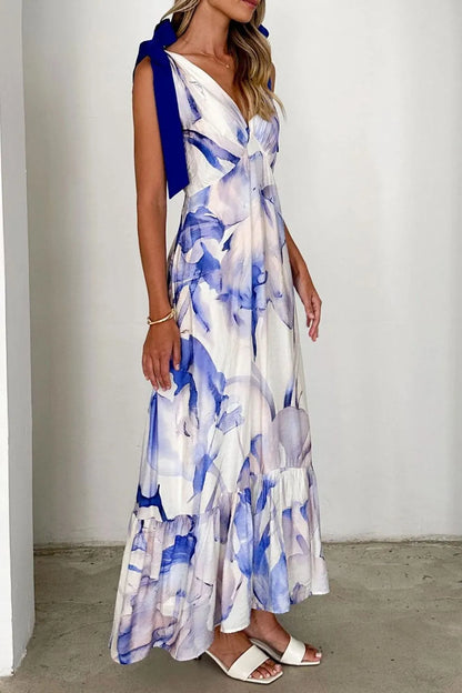 Printed V-Neck Tie Shoulder Midi Cami Dress