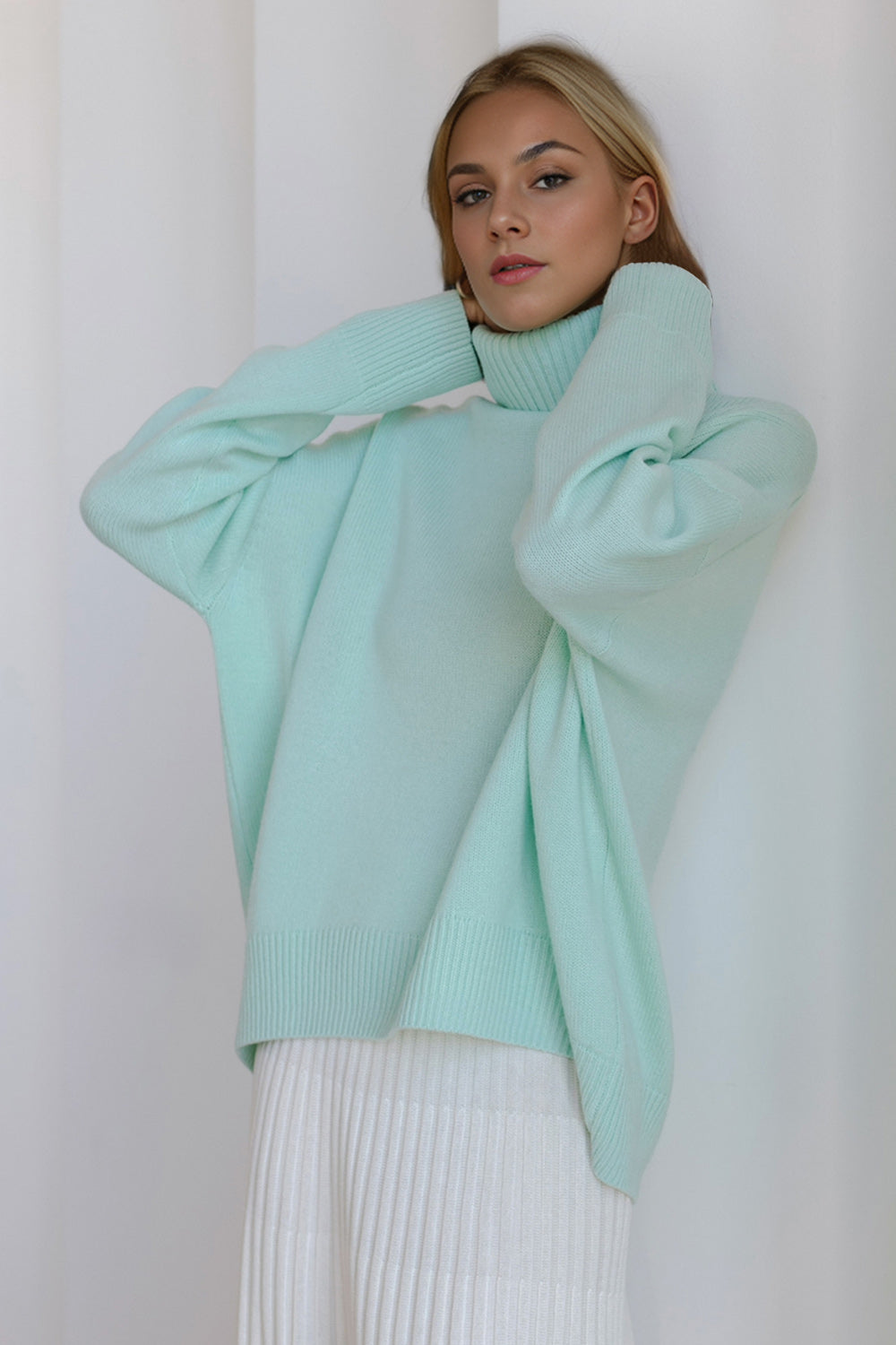 Basic Bae Turtleneck Dropped Shoulder Long Sleeve Sweater Pastel Blue One Size