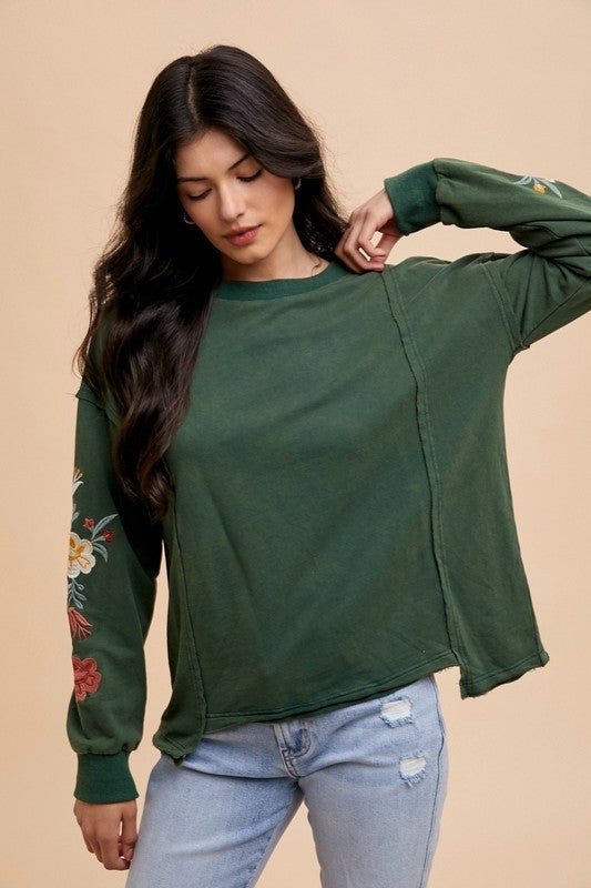 Annie Wear Embroidered Long Sleeve French Terry Top Black Forest
