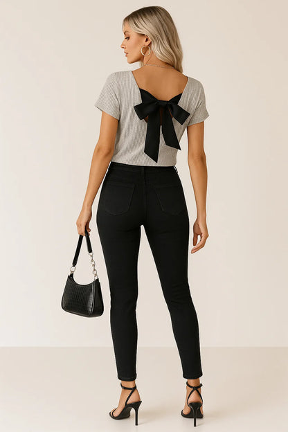 Back Bow Tie Ribbed Knit Top Beige