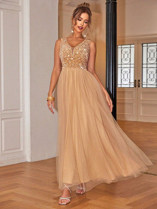 Sequin V-Neck Sleeveless Dress Tan