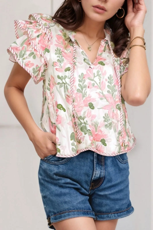 Floral Print Flutter Sleeve Tie Neck Blouse Blush Pink
