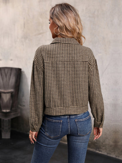 Perfee Houndstooth Collared Neck Button Up Jacket