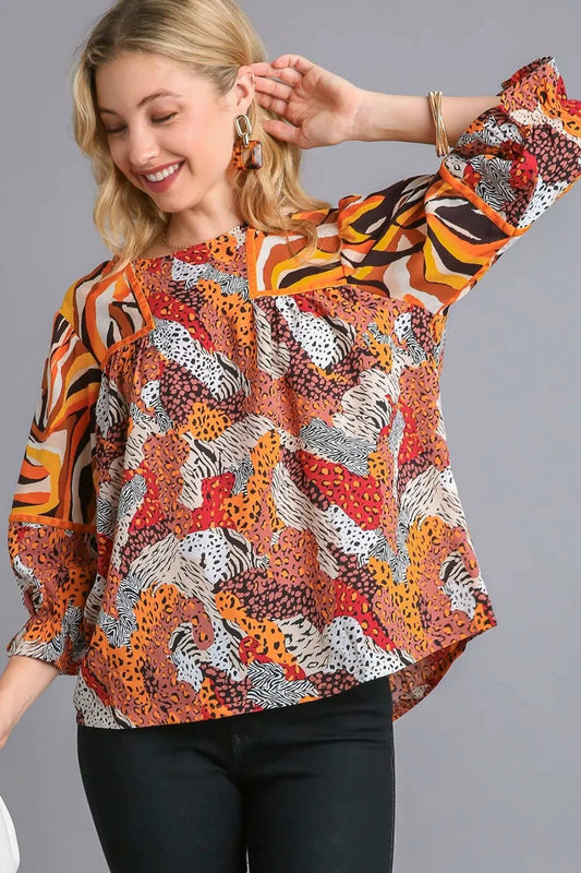Umgee Full Size Mixed Print Round Neck Flounce Sleeve Blouse Plus Size BROWNMIX