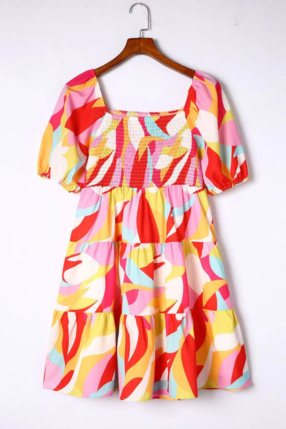 Smocked Printed Puff Sleeve Mini Dress