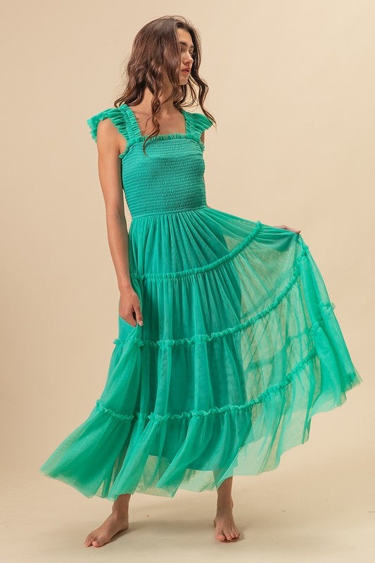BiBi Frill Mesh Tiered Midi Dress