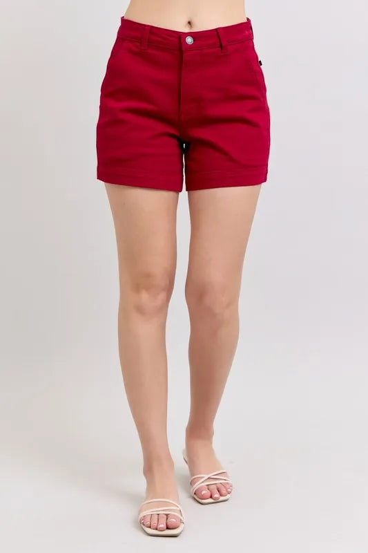 Judy Blue High Waist Tummy Control Garment Dyed Heart Shaped Denim Shorts SCARLET
