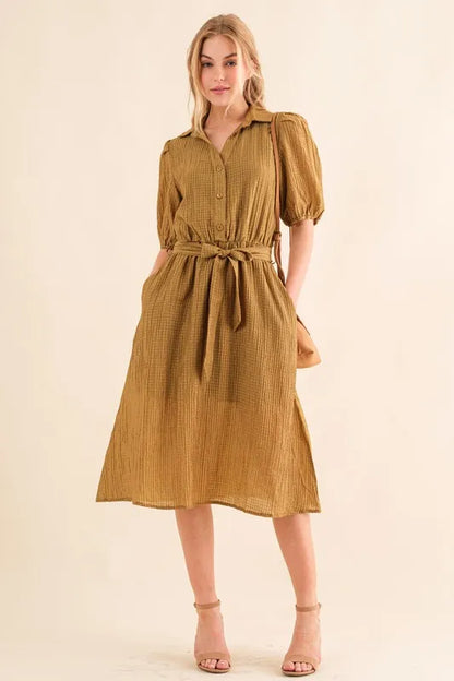 And The Why Waffle Textured Ribbon Waist Midi Dress