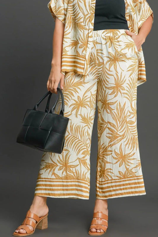 Umgee Full Size Tropical Print Wide Leg Pants Plus Size Gold