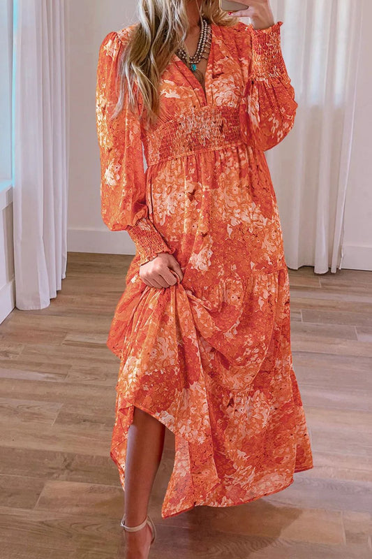 Smocked Printed V-Neck Long Sleeve Dress Orange