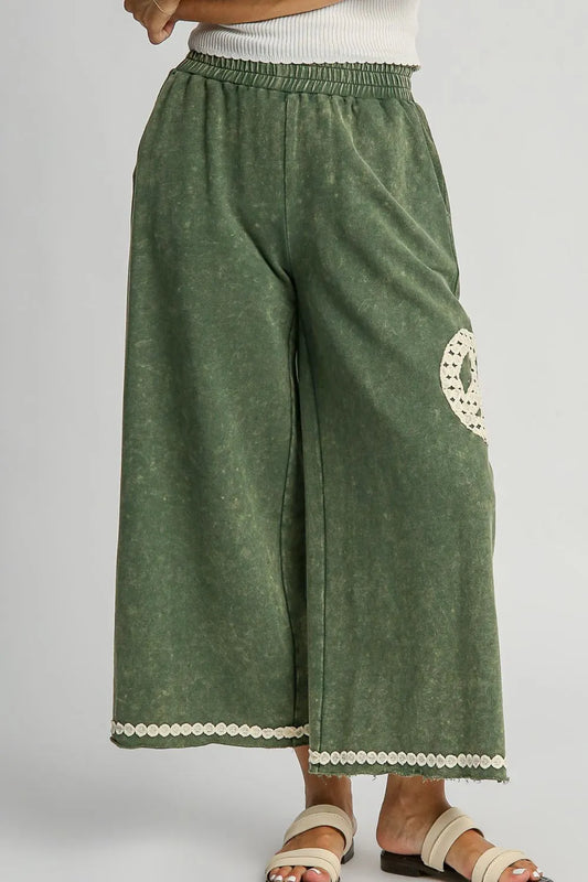 Umgee Full Size Peace Lace Applique Mineral Wash Wide Leg Pants Plus Size Moss