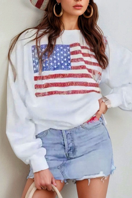 US Flag Round Neck Long Sleeve Sweatshirt White