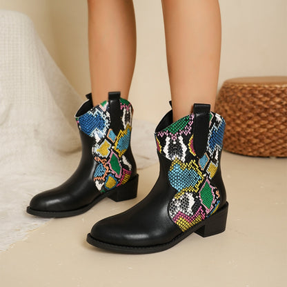 PU Leather Color Block Boots Snakeskin