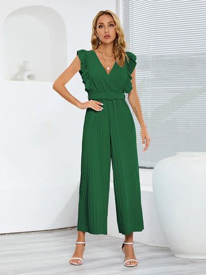 Ruffled Surplice Cap Sleeve Jumpsuit Dark Green