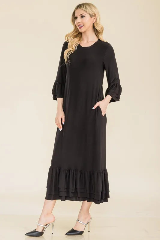 Celeste Full Size Modest Midi Dress with 3/4 Ruffle Bell Sleeves Plus Size