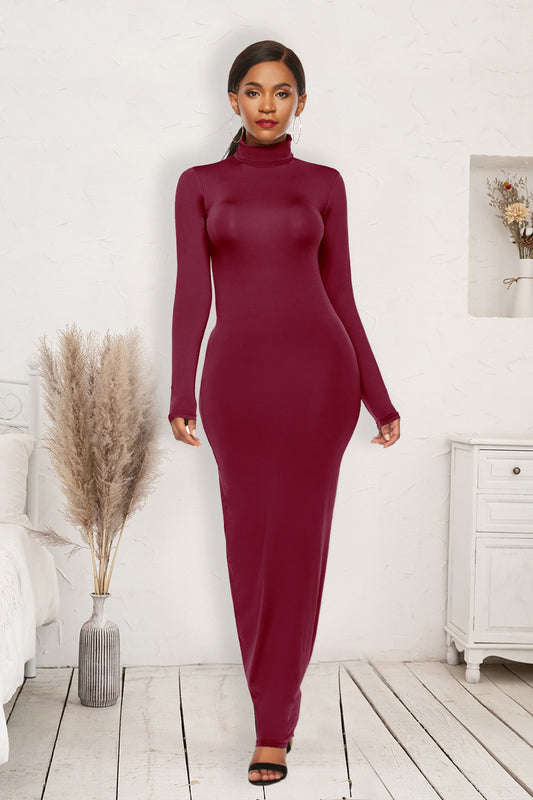 Mock Neck Long Sleeve Maxi Slim Dress Burgundy