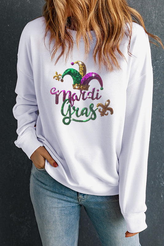 MARDI GRAS Sequin Round Neck Sweatshirt White