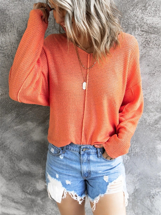 V-Neck Drop Shoulder Knit Top Orange