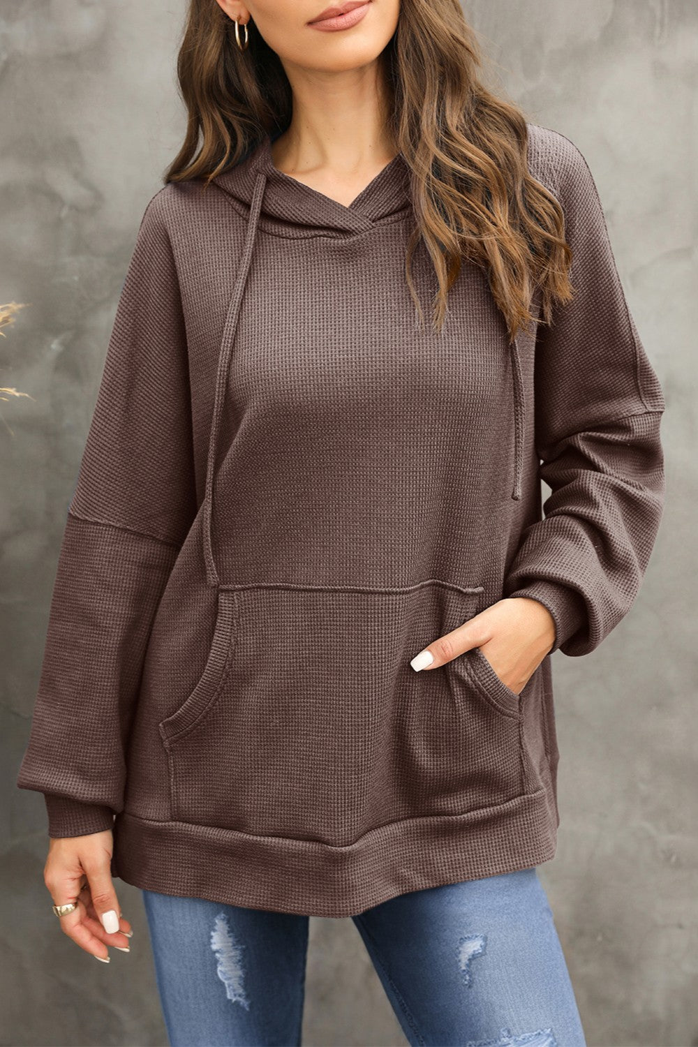 Waffle-Knit Long Sleeve Hoodie Brown
