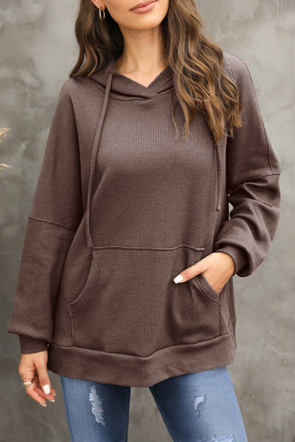 Waffle-Knit Long Sleeve Hoodie Brown