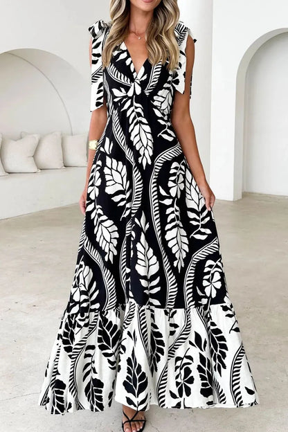 Printed V-Neck Tie Shoulder Midi Cami Dress