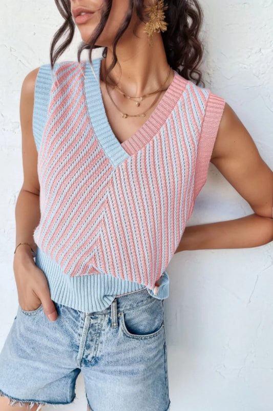 V-Neck Contrast Sweater Vest Blush Pink