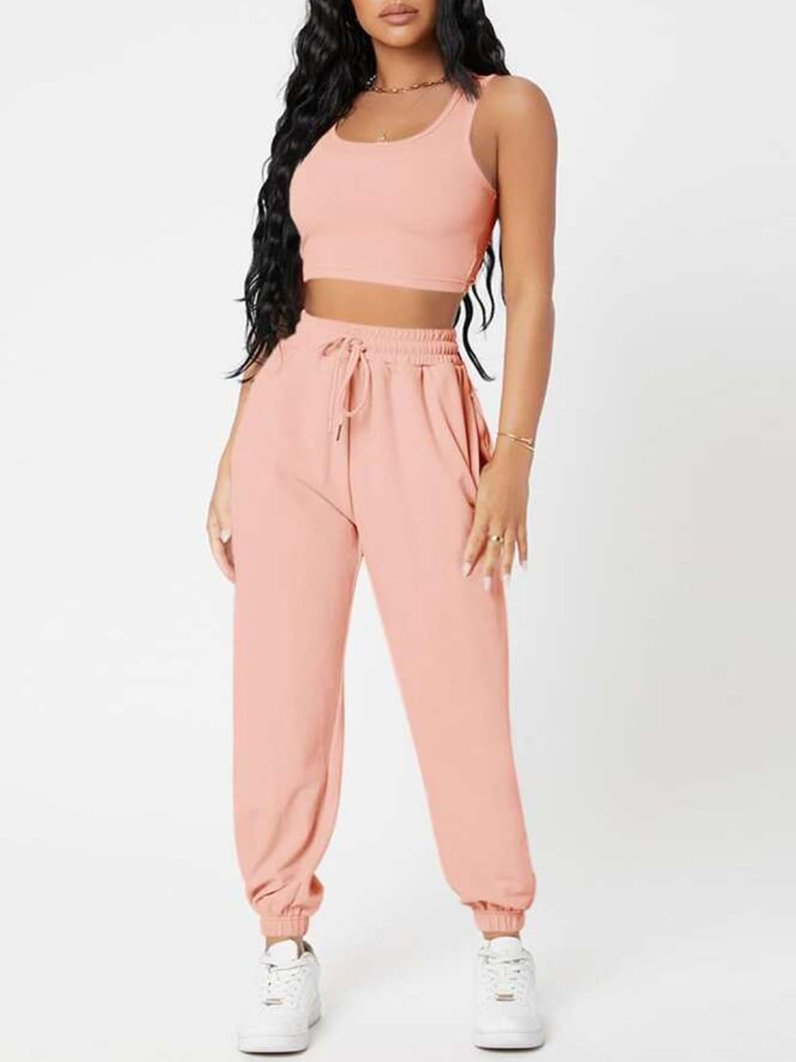 Wide Strap Top and Drawstring Joggers Set Watermelon pink