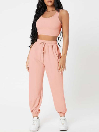 Wide Strap Top and Drawstring Joggers Set Watermelon pink