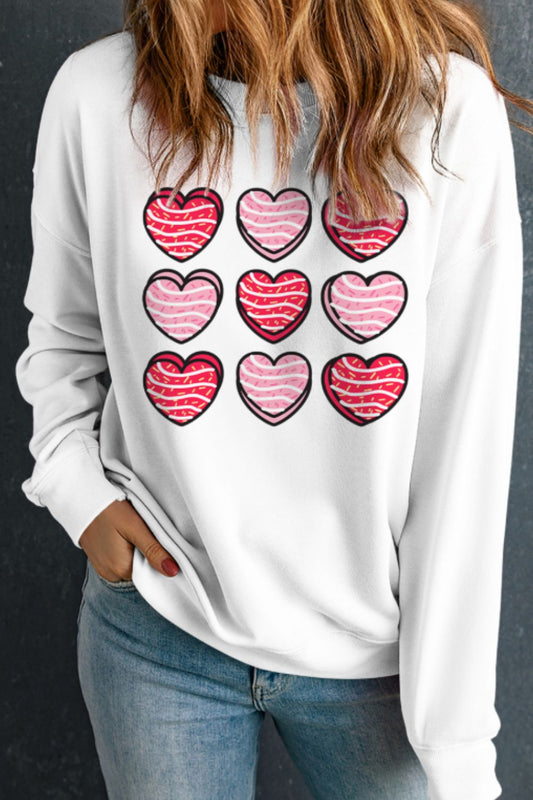 Valentine's Day Heart Round Neck Long Sleeve Sweatshirt White