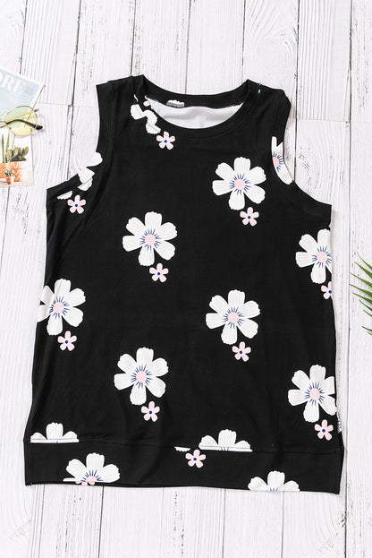 Printed Side Slit Round Neck Tank Black