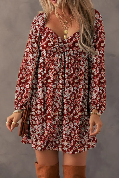 Ruched Printed Long Sleeve Mini Dress Burgundy