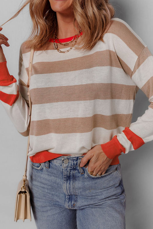 Contrast Striped Round Neck Drop Shoulder Knit Top Stripe