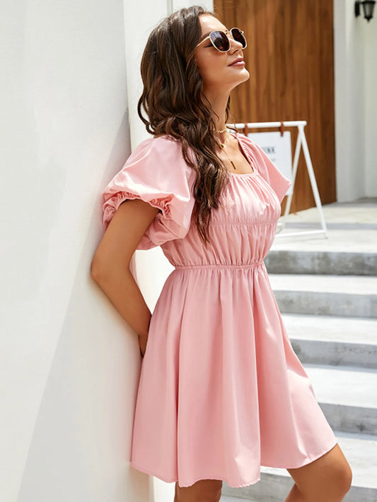 Off-Shoulder Puff Sleeve Mini Dress Blush Pink