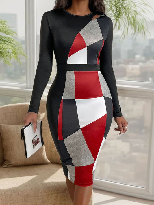 Perfee Cutout Color Block Round Neck Long Sleeve Dress Black