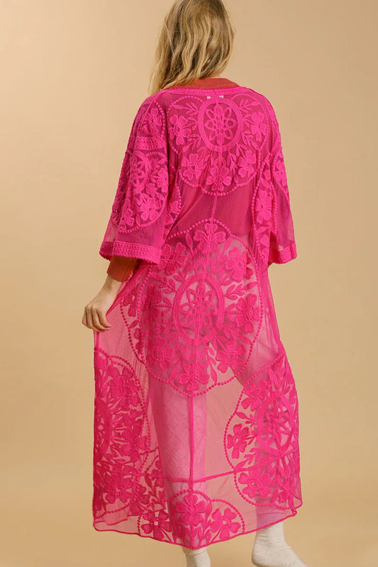 Umgee Full Size Floral Lace Open Front Long Kimono with Waist Tie Plus Size