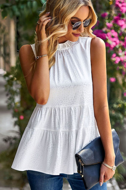 Devine Dotted Frill Trim Sleeveless Tiered Top White