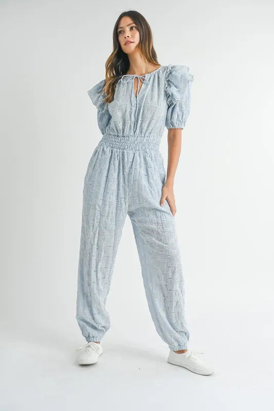 MABLE Eyelet Lace Ruffle Shoulder Jumpsuit