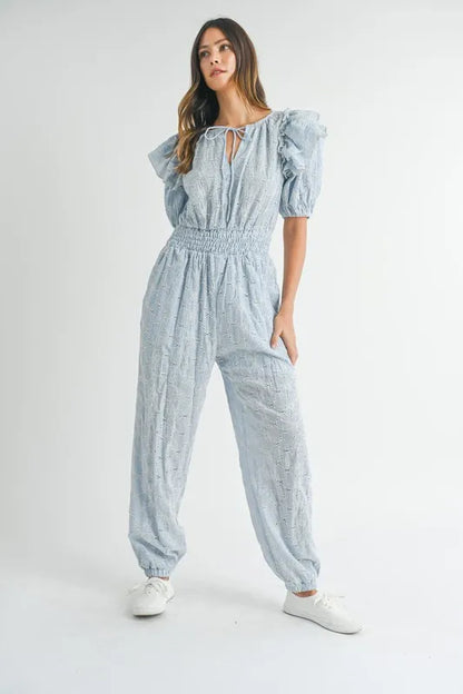 MABLE Eyelet Lace Ruffle Shoulder Jumpsuit